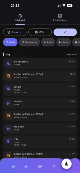 Linha do tempo de sono, mamadas e fraldas no app Alfonso
