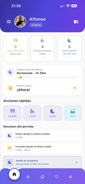 Alfonso home screen with the baby's daily summary