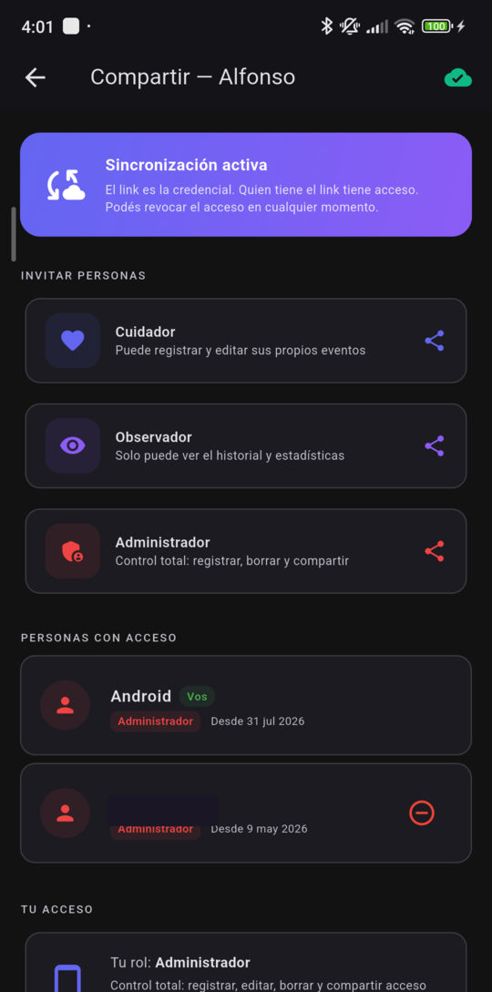 Pantalla de compartir acceso con roles