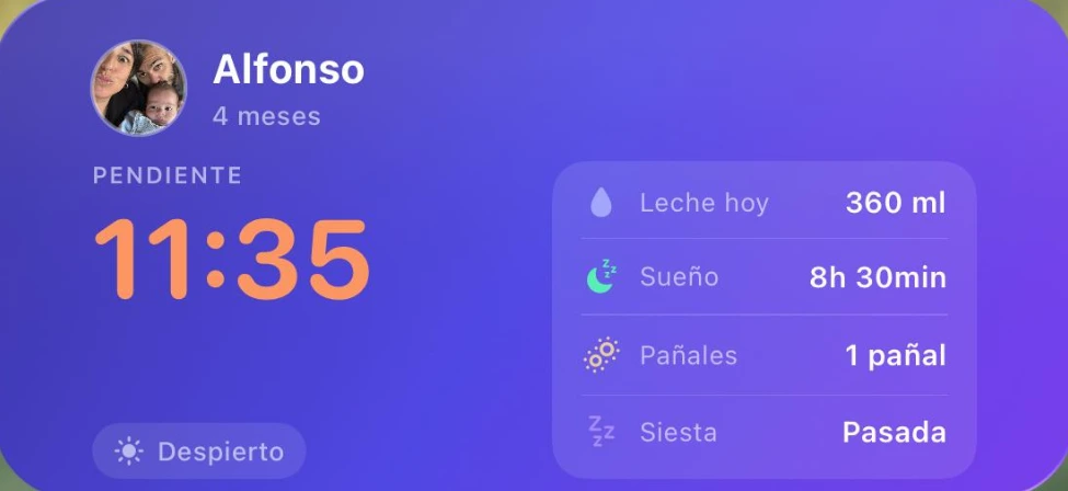 Alfonso widget on the iPhone home screen showing the next feed and the day's summary